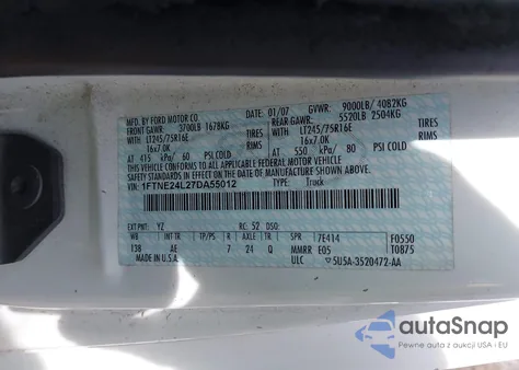 2007 Ford E-250 Commercial/Recreational z USA, uszkodzony, nr VIN 1FTNE24L27DA55012